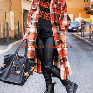 New Fall Oversized Plaid Flannel Lapel Button Down Trench Warm Colors Super Nice